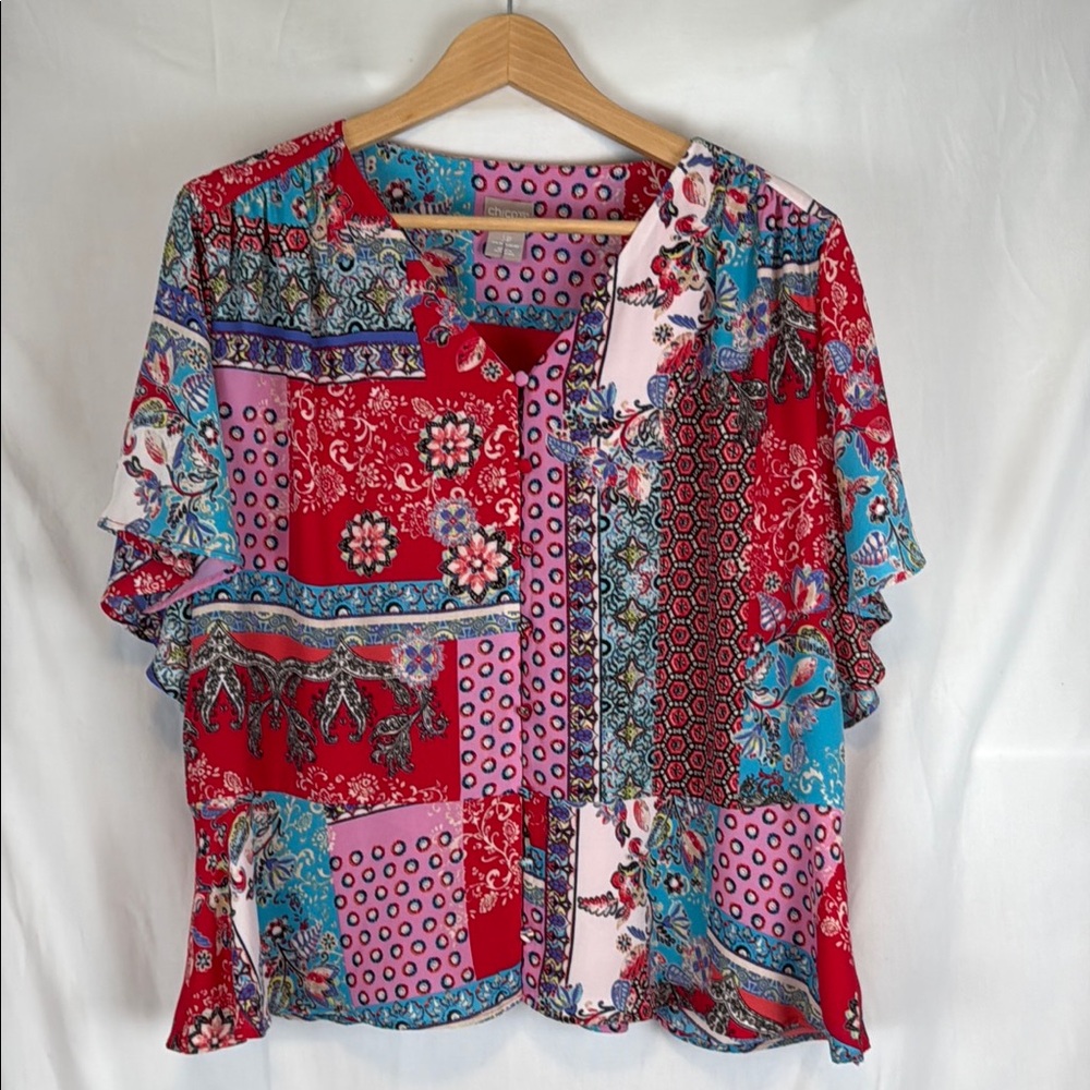 Chico's Patchwork Peplum Flutter Short Sleeve Blouse 3P (16/18 Petite)